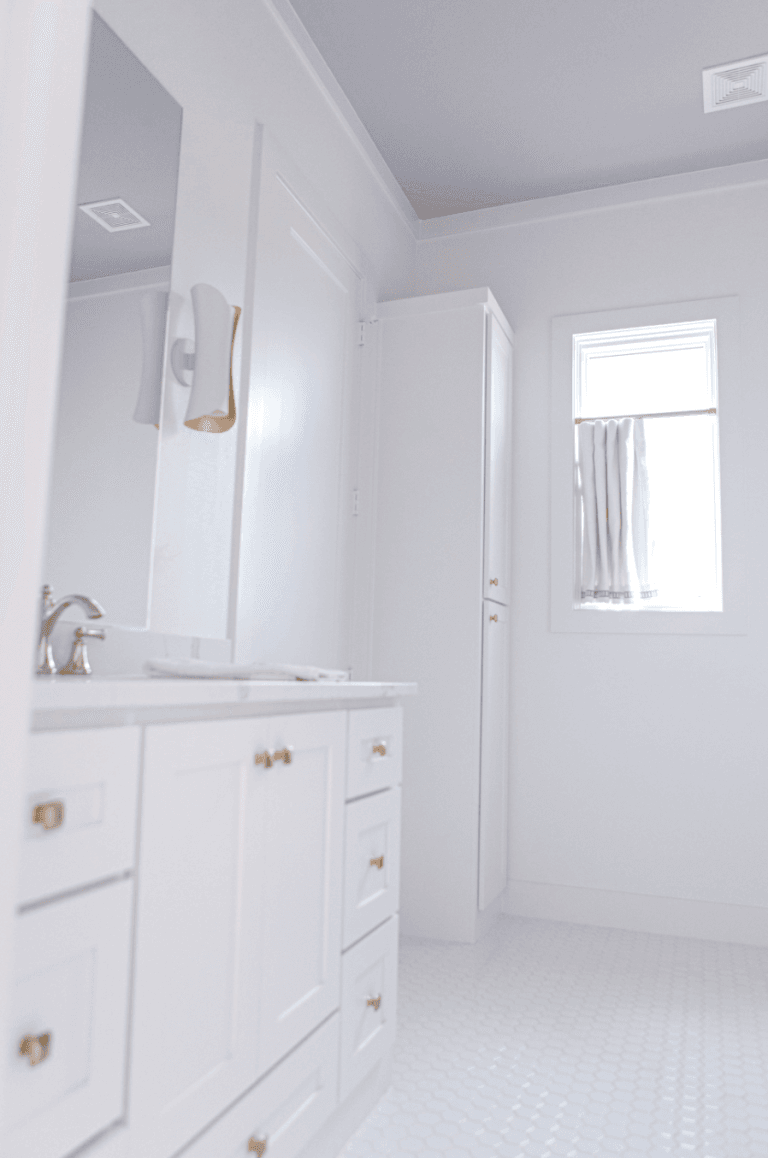 closeup of white bathroom cabinets